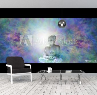 Bild på Pure Enlightenment Buddha Banner - Buddha in meditative lotus position with white light behind head on a beautiful multicolored energy field background  and plenty of copy space 